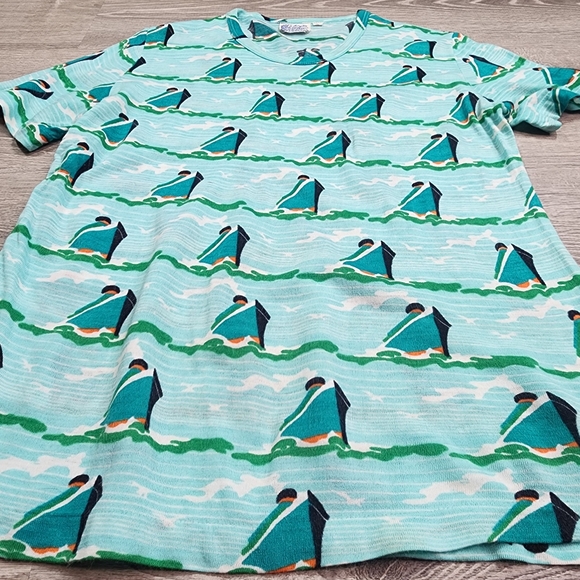 American Vintage Tops - 70s 80s VINTAGE Made in Korea Cruise Ship Boat Water Pattern T Shirt Top Large